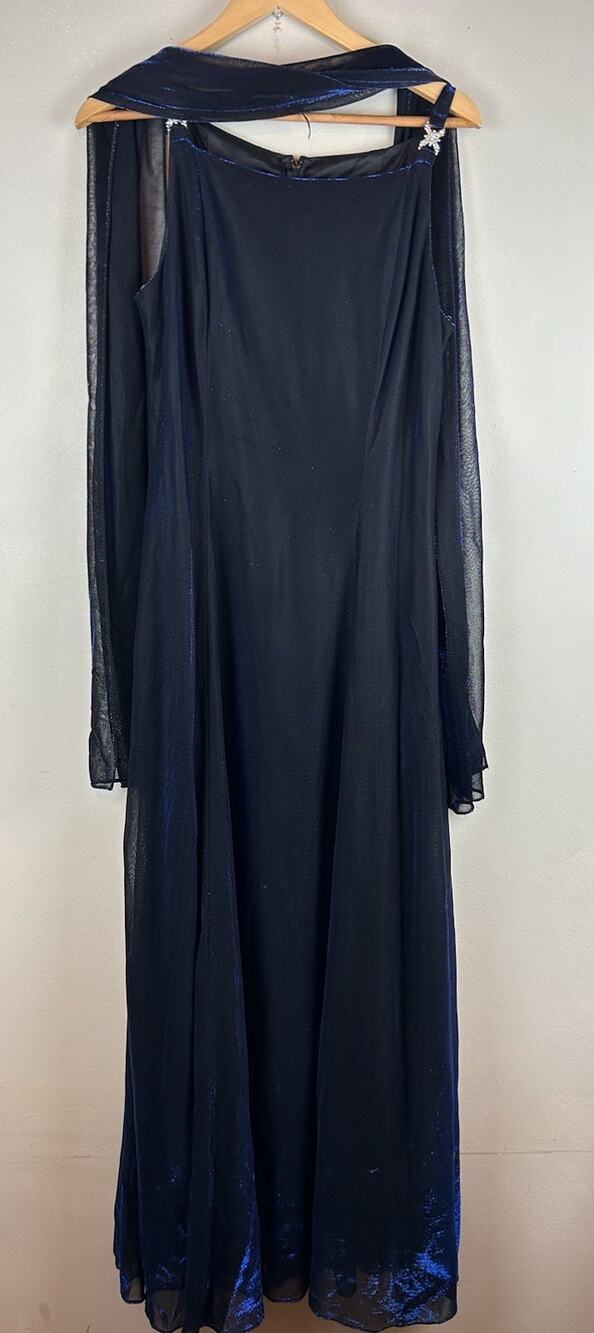 VTG Betsy & Adam Metallic Evening Gown Blue Black Shimmer Shawl Sz 14 Y2K Fairy